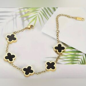 Gold Plated 5 Black Clover motifs Link Bracelet Irish Shamrock Stainless Steel
